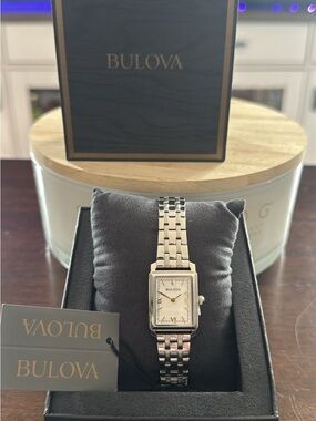 Bulova Silver Rectangular Bracelet Watch with White Dial